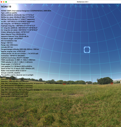 Figure: Using stellarium to check the position of the NOAA-19 satellite.